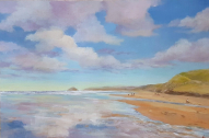 Perranporth reflections. Acrylic painting on textured A3 size paper. Not mounted or framed. 
