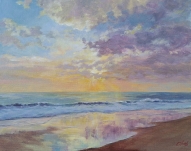 Reflected sunset beach painting. Acrylic on canvas board 16" x 12" Unframed