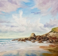 Trevaunance Cove at low tide. Oil on stretched canvas panel 12" x 12" in white 'float' frame. 