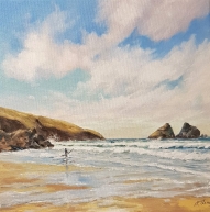 Surfer at Holywell Bay. Oil painting on stretched canvas panel 12" x 12" Unframed with painted sides. Ready to hang.