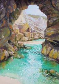 Perranporth rock pool. Acrylic on canvas board A4 unframed