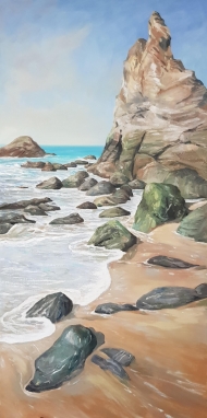 Trevaunance rocks. Large oil painting on stretched canvas panel. Unframed. 